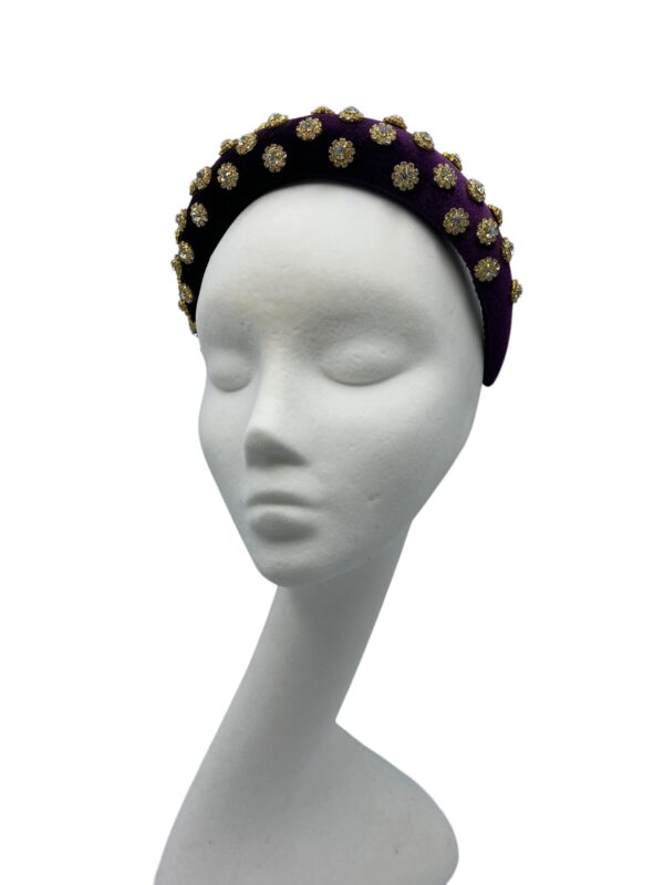Purple deep padded millinery made headband crown with gold embellished detail.